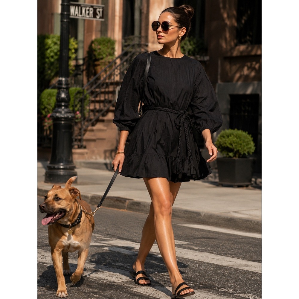 Rhode Ella Dress Women's Size L Black Good Braided Tassel Belt Mini